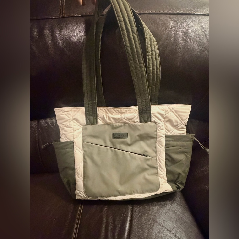 LoveVook Olive Green & Cream Quilted Tote Bag